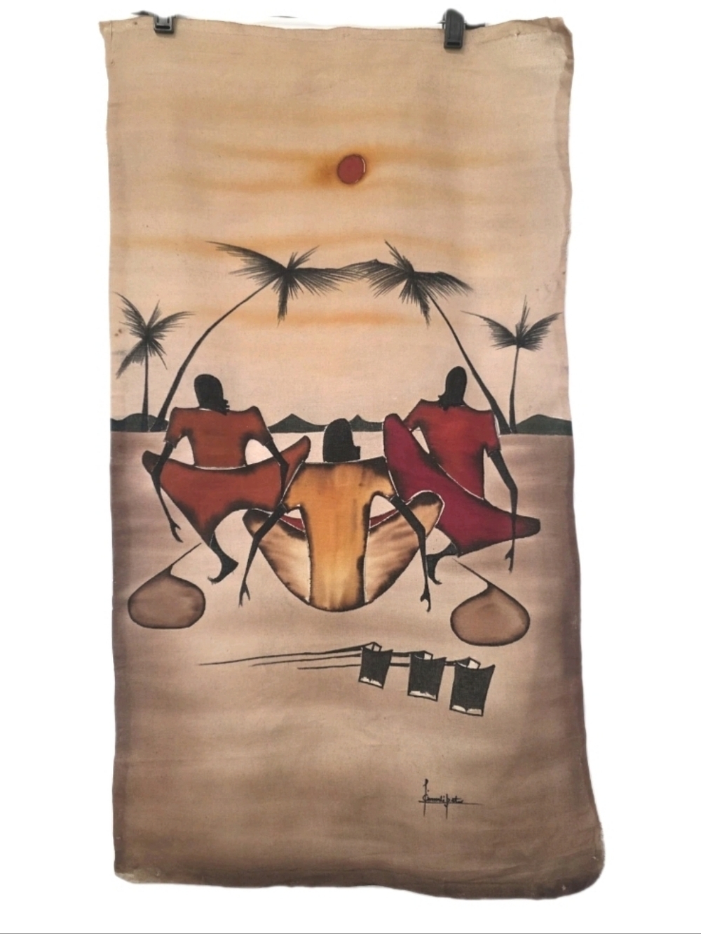 Africian Tanzanian batik painting Wall Decor Maasai sunset scene 18 X 33 Beige